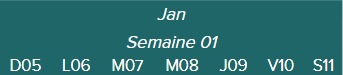 Jan - Semaine 01 - D05 · L06 · M07 · M08 · J09 · V10 · S11