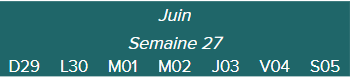 Juin-Semaine 27-D29 · L30 · M01 · M02 · J03 · V04 · S05